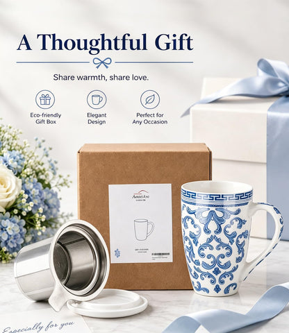 AmorArc 18oz Porcelain Tea Mug with Infuser & Lid, Loose Leaf Tea Cup with Stainless Steel Strainer, Large Coffee Mug Gift for Women, Tea Lovers, Home & Office