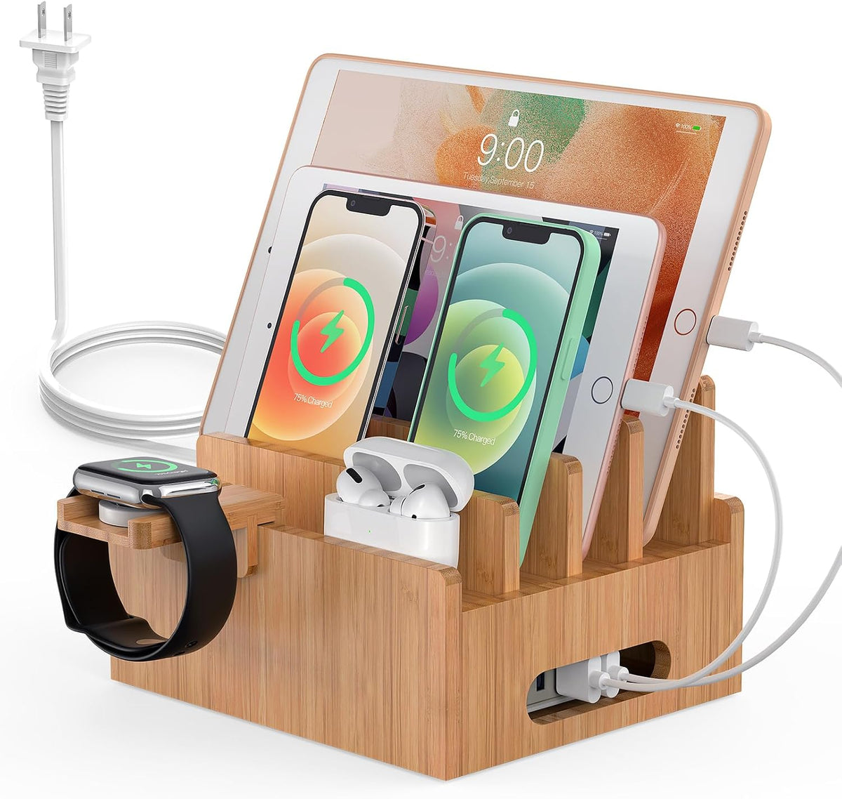 Pezin & Hulin Bamboo Charging Station with USB Charger,5Cables-Natural