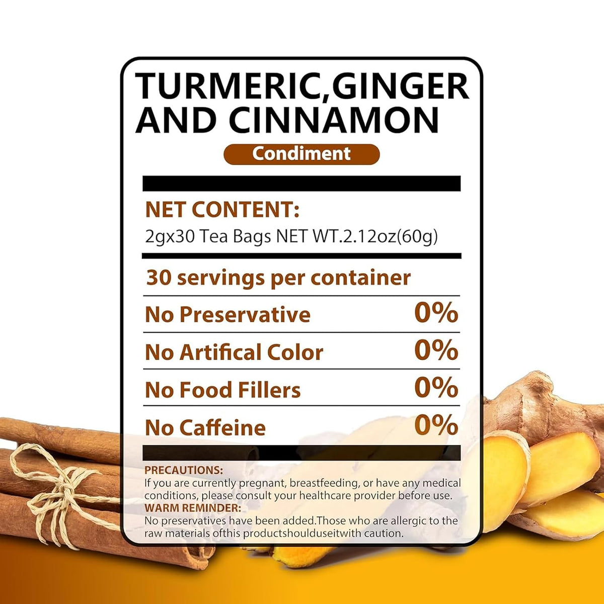 AISDWH, 30 Premium Turmeric Ginger Cinnamon Tea Bags, Digestive Support