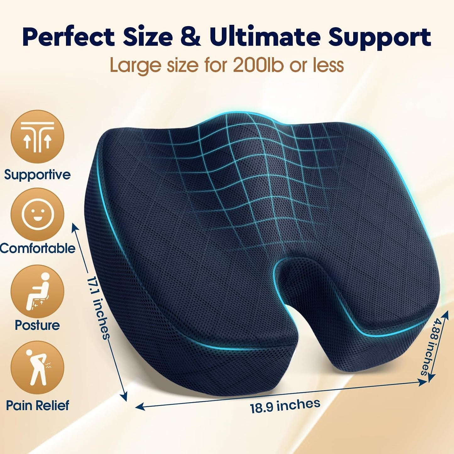 TushGuard Seat Cushion - Memory Foam Sitting Pillow for Office Chair, Car Seat, Airplane, Bleacher - Sciatica & Hip & Coccyx Pain Relief Desk Chair Cushion for Long Sitting Office Workers, Car Drivers