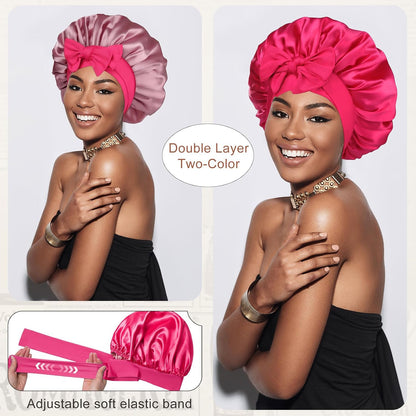Satin Bonnet for Sleeping Cap Double Layer Hair Bonnet with Elastic Tie Band for Curly Hair Night Cap (Bean Paste + Pink)