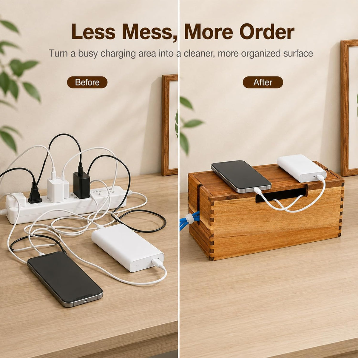 Acacia Wood Cable Management Box,Office Under Desk Cable Storage Box for Wire, Cord Hider Organizer for Power Strip, Electrical Hiding, TV Wires, Desk & Floor Cables