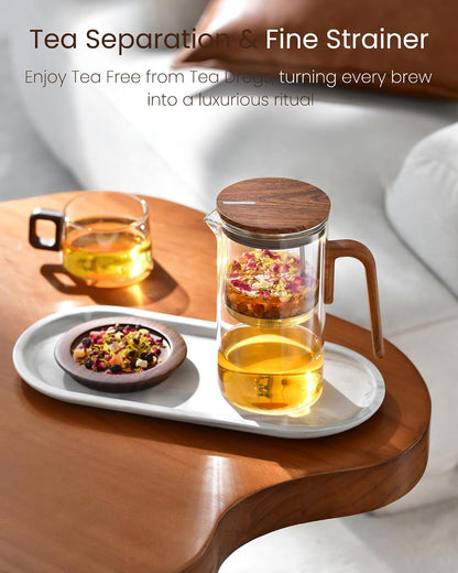 ZENS Magnetic Tea Pot, Enchanted Glass Teapot with Infuser and Magnetic Suction Lid for Mess-Free Loose Tea Diffusers, Walnut Wood Handle, Tea Lovers Gifts
