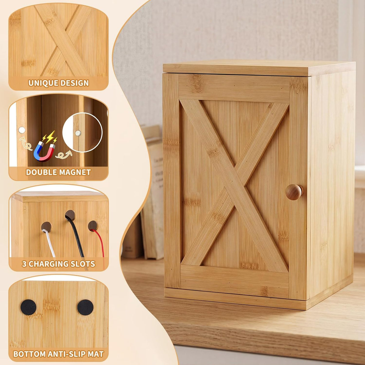 Bamboo Phone Box for Family Time, 6 Phones 3 Slots, Door-Shaped