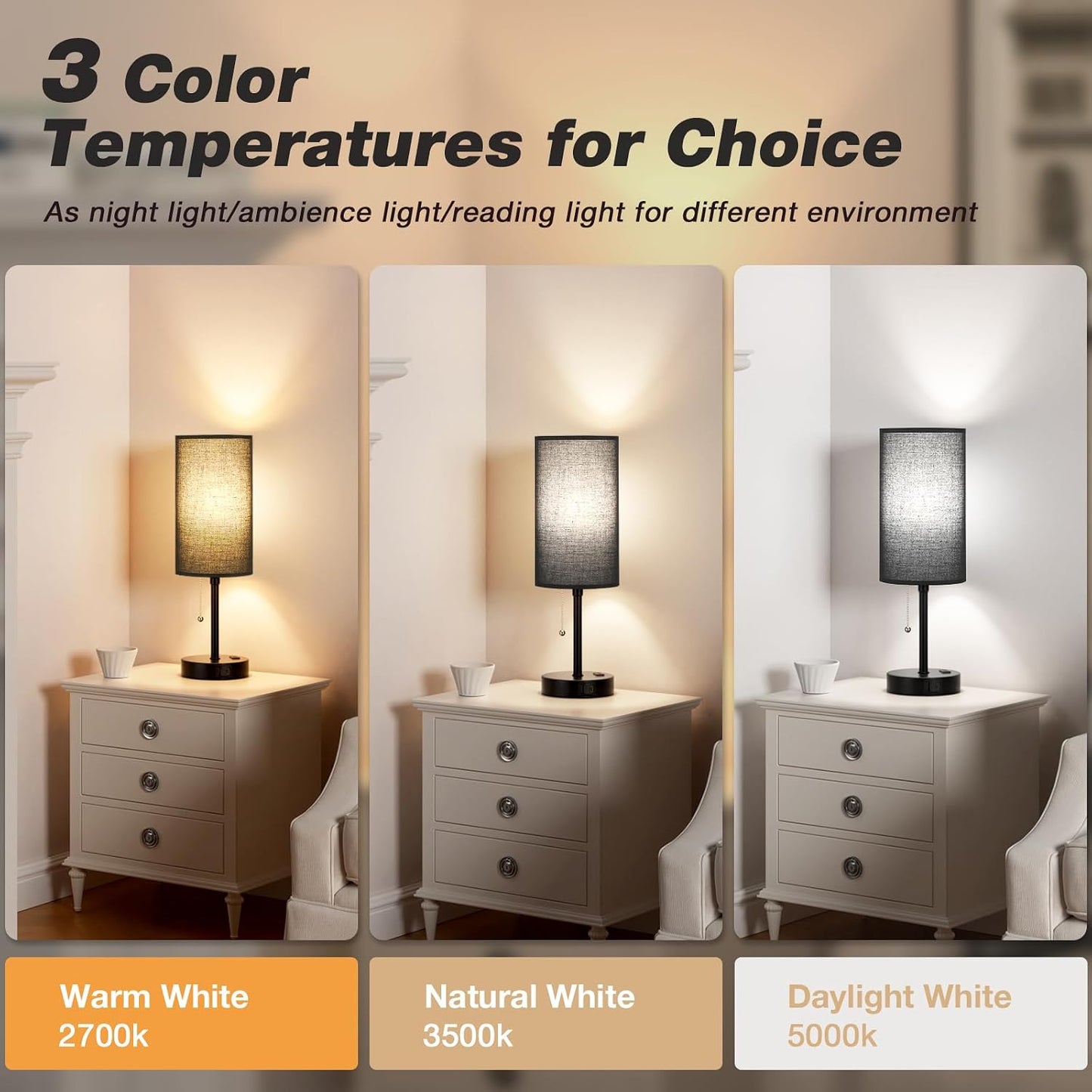 Small Bedside Table lamp for Bedroom - 3 Color Temperatures Bedside Lamps with USB C and A Ports, Pull Chain Table Lamps with AC Outlet, White Nightstand Lamps with Black Metal Base for Kids Reading