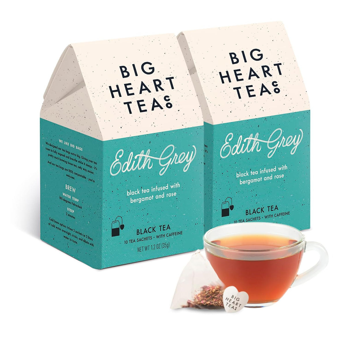 Big Heart Tea Co. Tea Bags - Edith Grey - Direct Trade Malawi Caffeinated Black Tea in Zero Plastic Sachets with Small Batch Organic Whole Herbs - Red Rose, Bergamot Oil, 20 Tea Bags