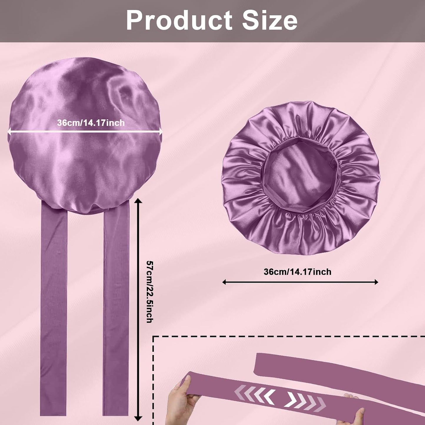 2Pcs Silk Hair Satin Bonnet for Sleeping Women,Large Satin Sleep Bonnets for Women with Elastic Tie Band Silk Hair Wrap with Ajustable Straps,Night Sleep Cap for Curly Braids,Black+Rose Gold