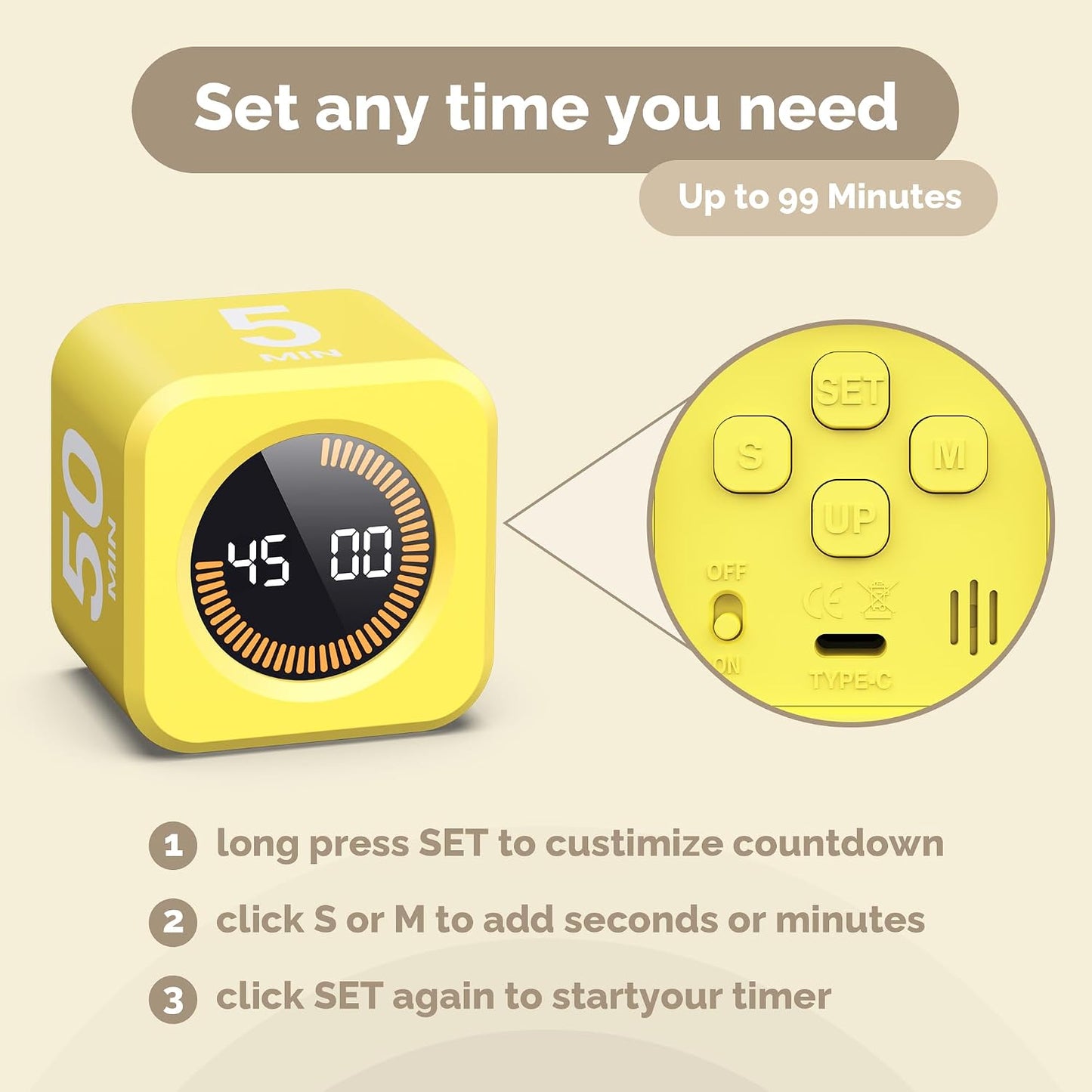 KADAMS Pomodoro Timer Visual - Productivity Pomodoro Cube, 5/10/25/50 Min Countdown & Countup, Silent – Ideal for Work Study Cook Workout Kitchen School Classroom Office ADHD Gift Kids (1, Black)