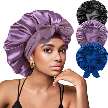 Yanideer 3 pcs Adjustable Satin Bonnets for Sleeping Double Layer Satin Lined Hair Bonnet with Tie Band for Women Curly Hair