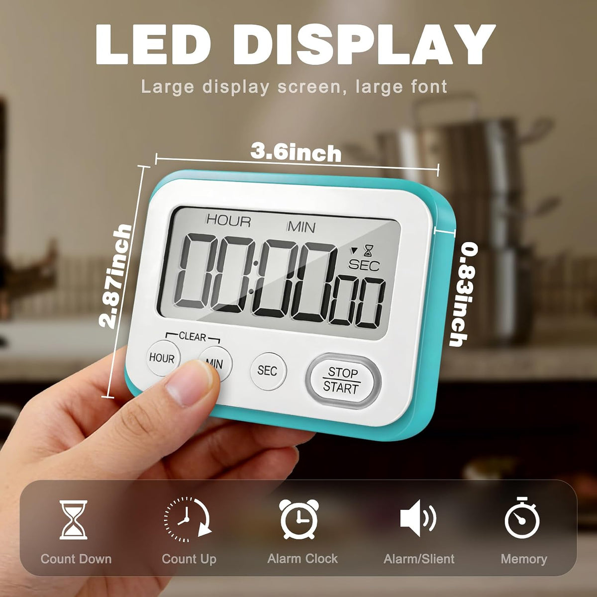 Digital Kitchen Timer Magnetic Loud Alarm, Large LCD Screen Silent/Beeping Multi-Function for Teachers Classroom Kids, Black