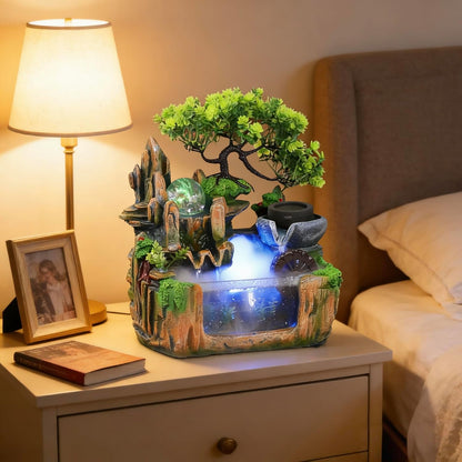 Mini Artificial Bonsai Tree Waterfall Fog Feature Rock Tabletop Fountain | 11in Desktop Decor Waterfall Fountain W/ Water Pump& Atomizer&LED Lights &Fake Tree Office Bedroom Relax