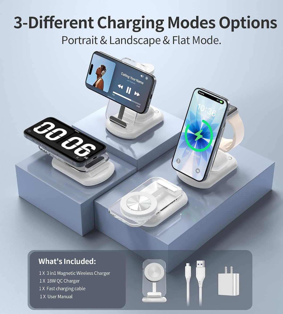Mukiya 3 in 1 Magnetic Wireless Charging Station for Apple Devices