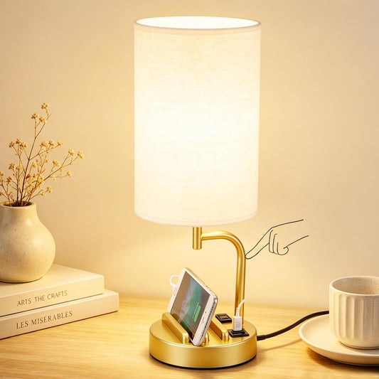Dreamholder Touch Control USB Table Lamp with USB C/A & AC Outlet, 3-Way Dimmable Bedside Lamp, Modern Nightstand Lamps for Bedroom Living Room Guest Room Office, Bulb Included, Gold