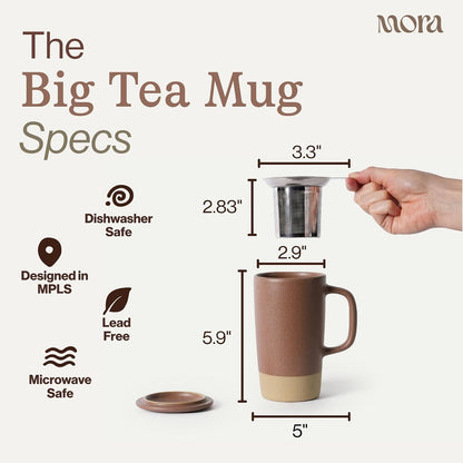Mora Ceramics Large Tea Mug with Loose Leaf Infuser and Ceramic Lid, 18 oz, Portable, Microwave and Dishwasher Safe, Tall Coffee Cup - Rustic Matte Ceramic Glaze, Modern Herbal Tea Strainer, Olive