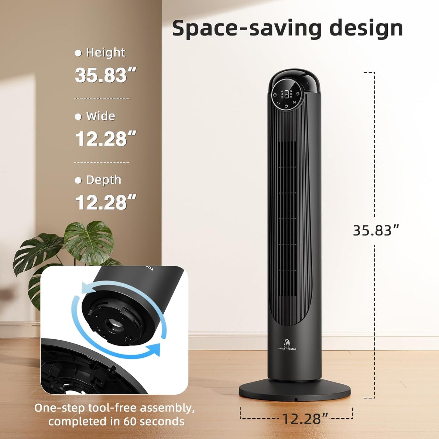 Antarctic Star T36 Tower Fan-36 Inch, Bladeless Oscillating Fan with Remote, 6 Speeds & 4 Modes, LED Display, 9H Timer, Quiet Floor Standing Fan for Bedroom Living Room Office, Pink