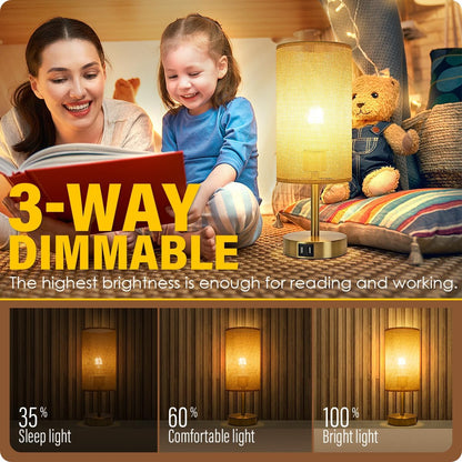 Yarra-Decor Bedside Table Lamp with USB Ports - Touch Control for Bedroom 3 Way Dimmable Nightstand Lamp with Round Fabric Shade for Living Room, Dorm, Home Office, Corded Electric, Without Battery