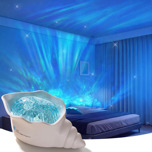 Conch Ocean Wave Light Projector, Colors Changing Lamp with Dynamic Ripple Light, Mood Lighting with Memory Function, 5 White Noise, Dimmable Novelty Lamp for Bedroom Bathroom Playroom Decor