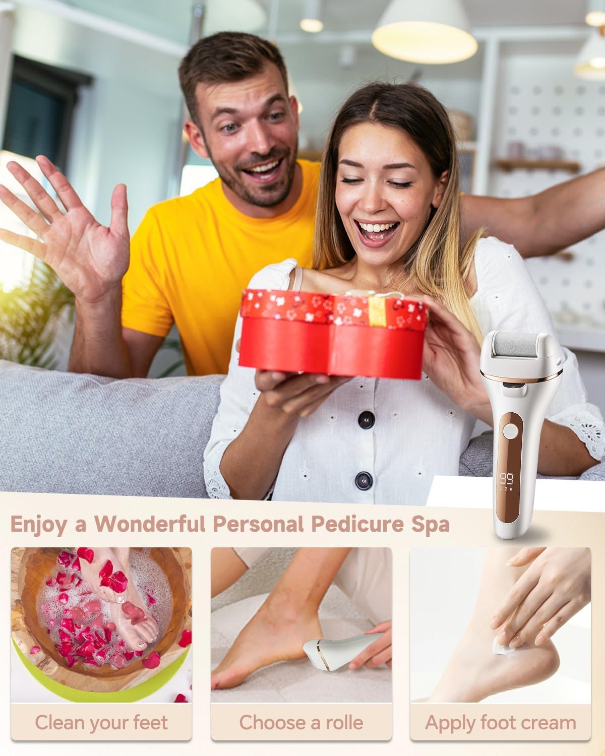 Electric Foot Callus Remover Rechargeable Pedicure Kit with 3 Roller Heads 2 Speed IPX6 Waterproof Foot File Pedicure Tools Professional Foot Care for Dead Cracked Dry Skin White