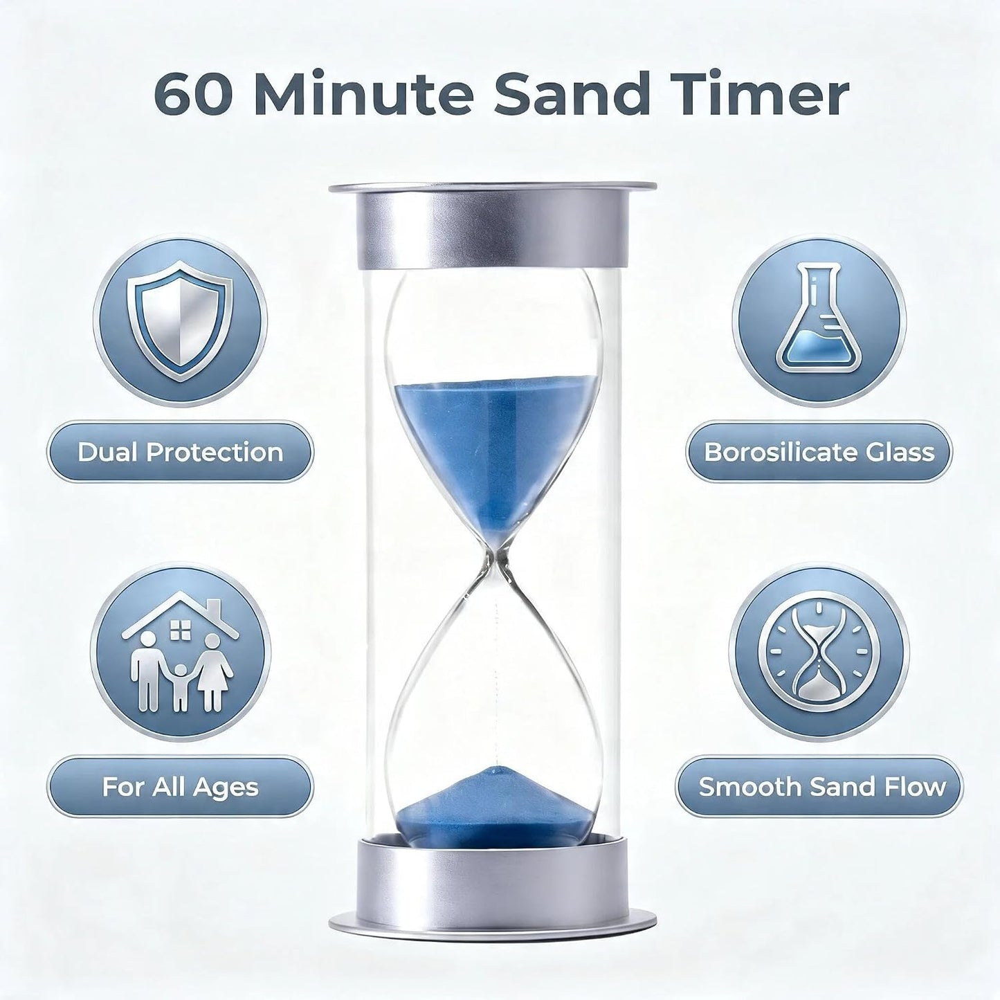 60 Minutes Hourglass Sand Timer, Dual Protection Hour Glass with Sand, Sand Timer for Kids Safety, Sand Clock Watch, Creative Gift, Living Room Office Decorative (Blue)