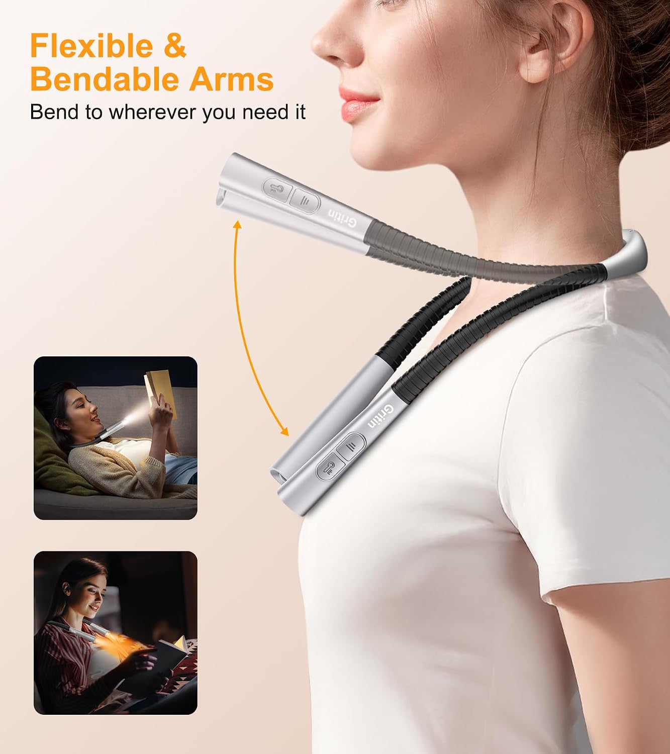Gritin Book Light,Eye Caring 3 Colors & Stepless Dimming Neck Reading Light