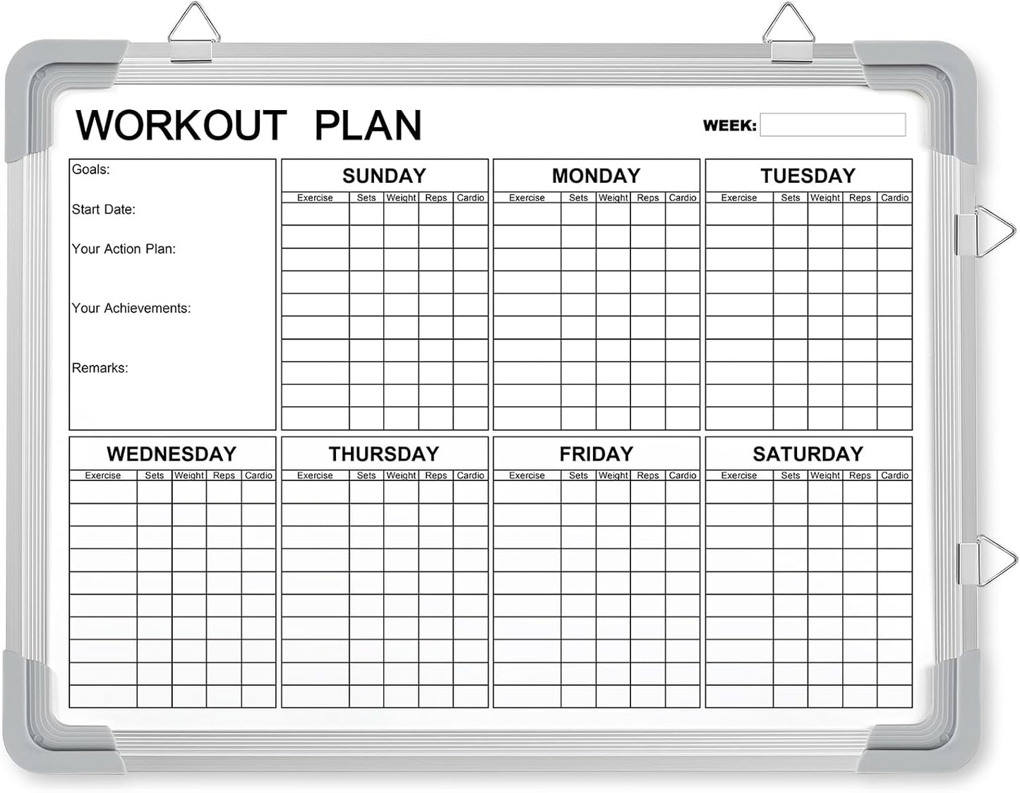 Lincia 16 x 12 Inch Fitness Tracker Whiteboard Workout Calendar for Home Gym Dry Erase Planner Hanging Removable to Do List for Wall Whiteboard with Aluminum Frame for Gym Program(Style A)