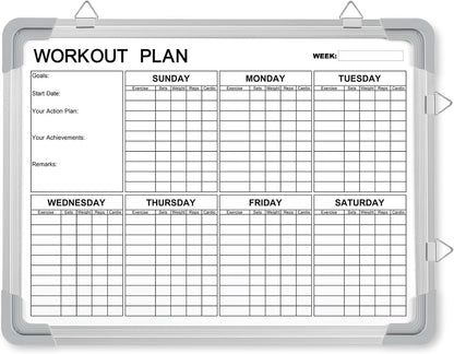 Lincia 16 x 12 Inch Fitness Tracker Whiteboard Workout Calendar for Home Gym Dry Erase Planner Hanging Removable to Do List for Wall Whiteboard with Aluminum Frame for Gym Program(Style A)