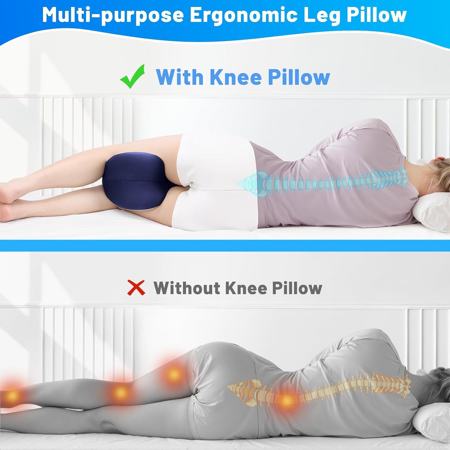 Knee Pillow for Side Sleepers, Leg Pillow with Cooling Cover, Memory Foam Body Pillow for Side Sleeping, Heart-Shape Cushion for Hip, Back & Sciatica Pain Relief, Grey