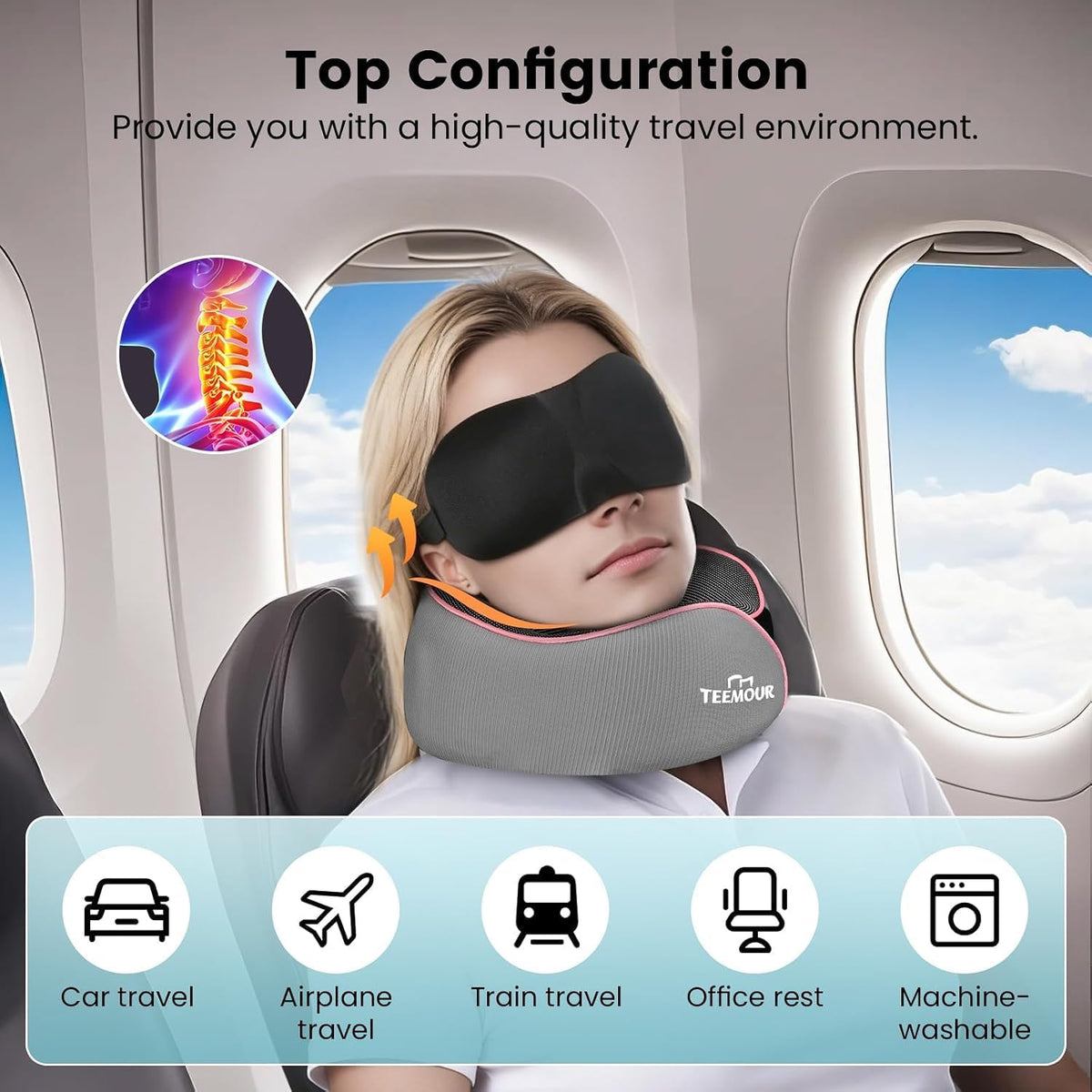 Travel Pillow Neck Pillow for Airplane Travel Essentials - Memory Foam Travel Neck Pillow, Stops Head Bobbing With Eye Mask & Earplugs, Portable Carry Bag for Long Flights| Airplane Accessories Black