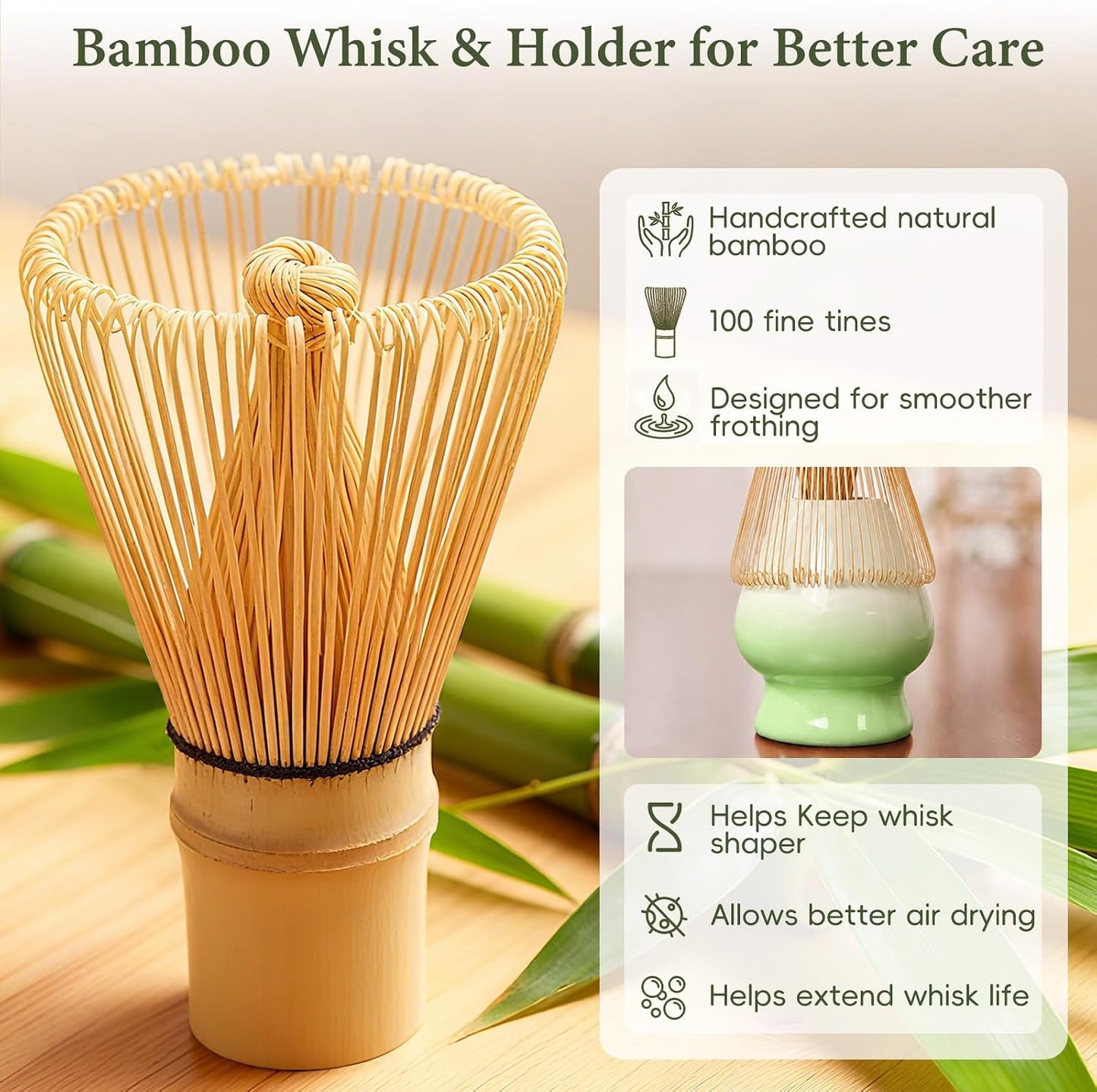Matcha Whisk Set, Ceramic Matcha Set Includes Bowl & Holder, Bamboo Whisk (Chasen), Scoop, Spoon and Sifter, 6PCS Matcha Kit Covers Everything Needed for Making Matcha (Green)