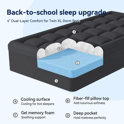ELEMUSE Twin XL Dorm Dual Layer 3 Inch Memory Foam Mattress Topper for College, Dorm Room Essentials, 2 Inch Cooling Gel Foam and 1 Inch Soft Pillow Top Bed Pad,Back to School Comfortable Support