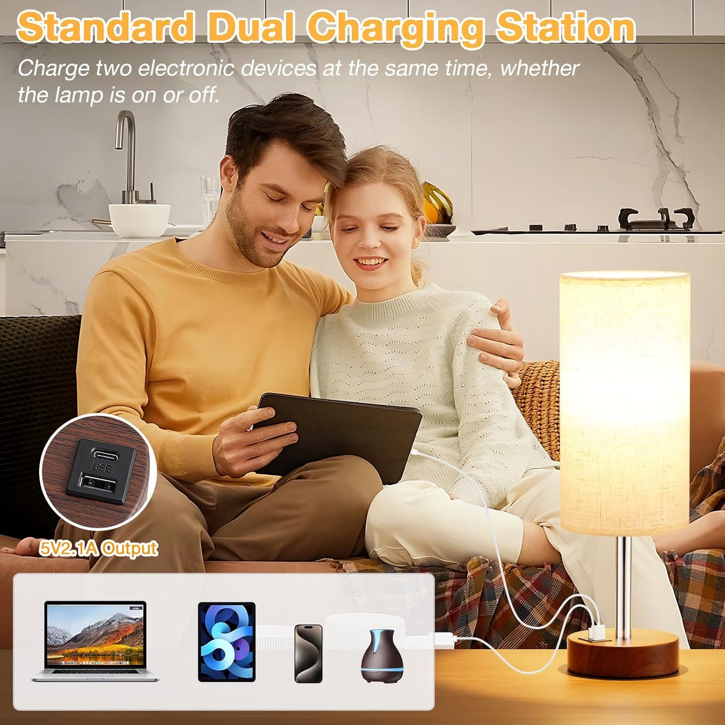 Dicoool Touch Bedside Table Lamp with USB - 3 Way Dimmable Wood Lamp for Bedroom Nightstand, Desk Lamp with Charging Station for Dorm, Living Room, Office, Kids Room, Small, 14in