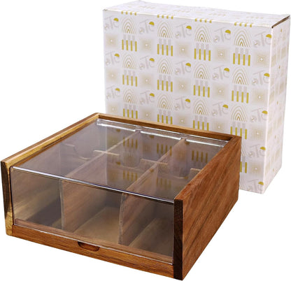 HTB Acacia Wood Tea Bag Organizer Storage Box with 6 Compartments