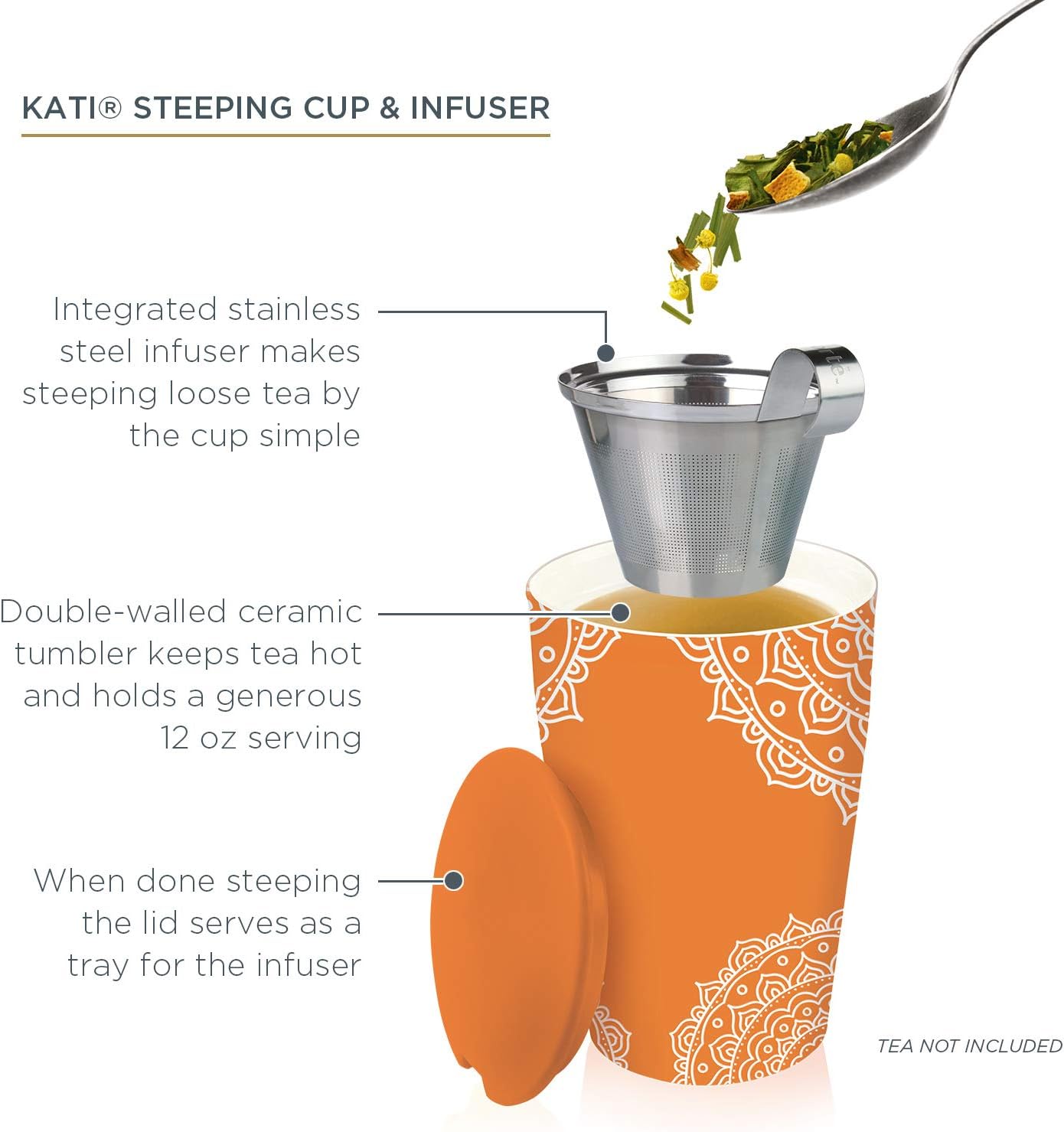 Tea Forte Double-Walled Ceramic Kati Cup, Removable Stainless Steel Infuser Basket and Lid, Steeps 12 oz Loose Leaf Tea, Dishwasher & Microwave Safe, Cherry Blossom