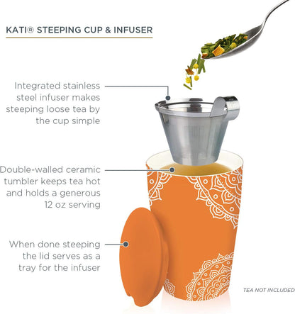Tea Forte Double-Walled Ceramic Kati Cup, Removable Stainless Steel Infuser Basket and Lid, Steeps 12 oz Loose Leaf Tea, Dishwasher & Microwave Safe, Cherry Blossom