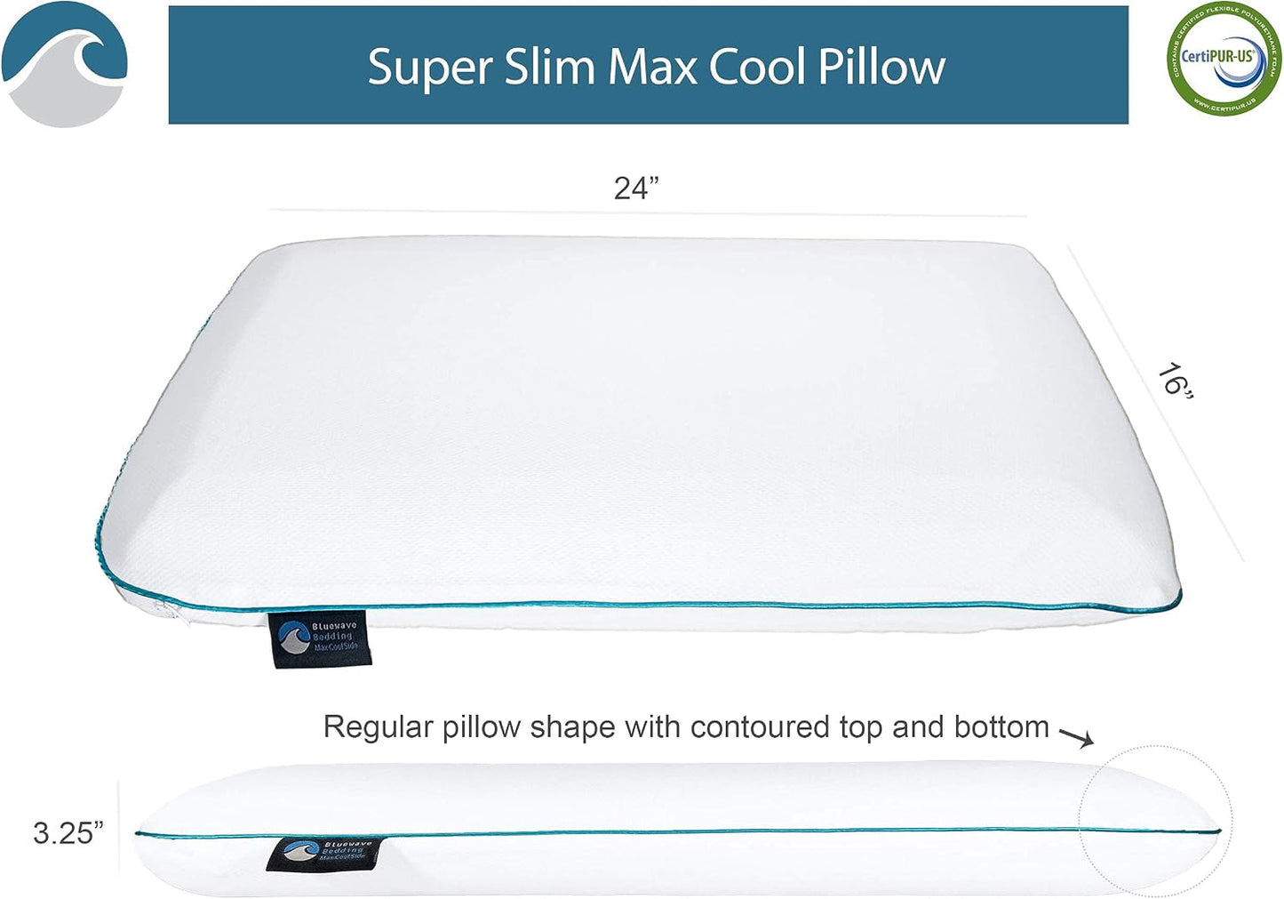 Bluewave Bedding Ultra Slim Max Cool CarbonBlue Gel Memory Foam Pillow for Stomach and Back Sleepers - Thin, Flat Design with Advanced Cooling (2.75-Inch Height, Standard Size)
