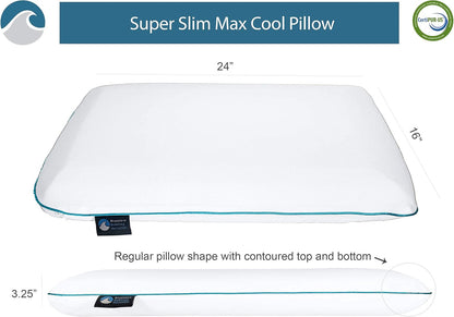 Bluewave Bedding Ultra Slim Max Cool CarbonBlue Gel Memory Foam Pillow for Stomach and Back Sleepers - Thin, Flat Design with Advanced Cooling (2.75-Inch Height, Standard Size)