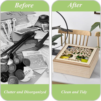 Wood Tea Box Organizer,Tea Organizers and Storage with Tree Pattern,Tea Bag Holder,Decorative Tea Storage Organizer Box,9 Compartments Tea Organizer for Tea Bags Coffee