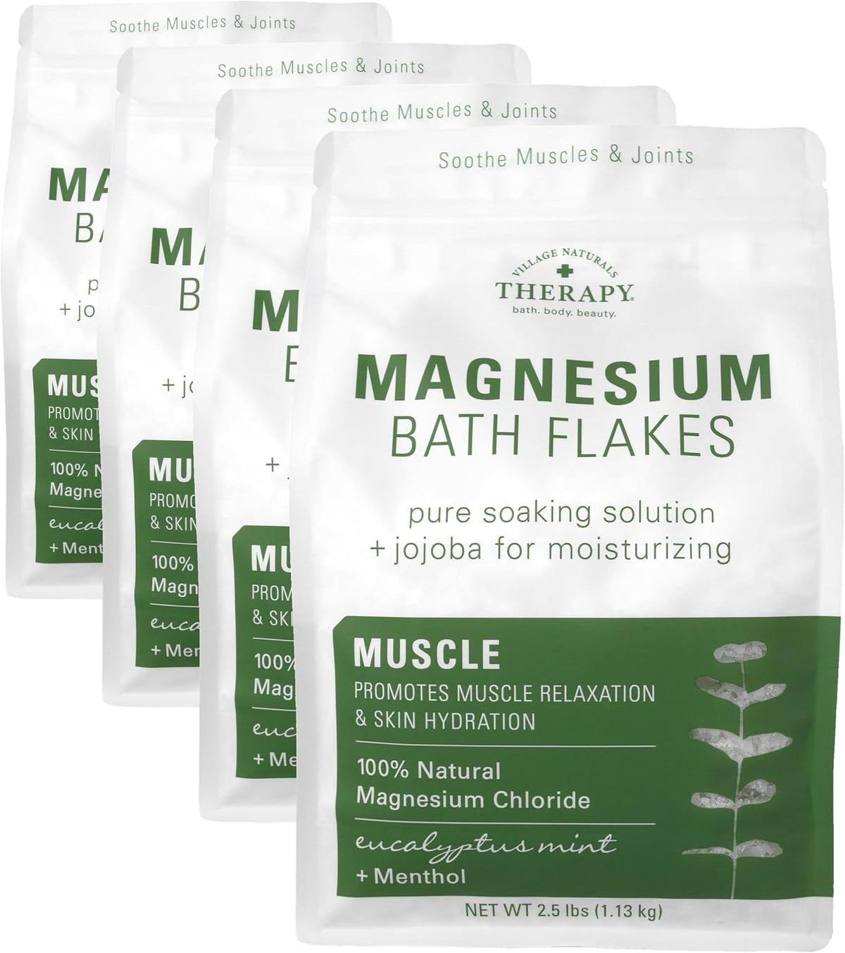 Village Naturals Therapy Muscle Magnesium Bath Flakes, Eucalyptus, Mint & Menthol Scent, 2.5 lbs