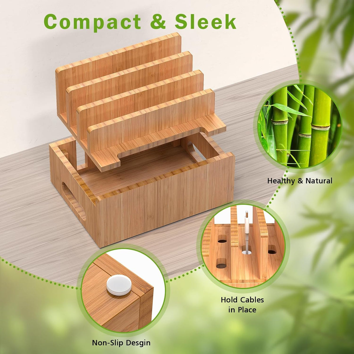 Pezin & Hulin Bamboo Charging Station for Phone, Watch&Earbud with 5 Cables