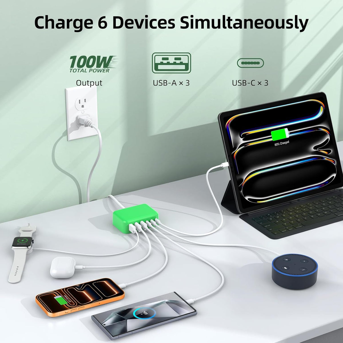 100W 6 in 1 USB Charger, 50% Smaller Charging Station for Multiple Devices