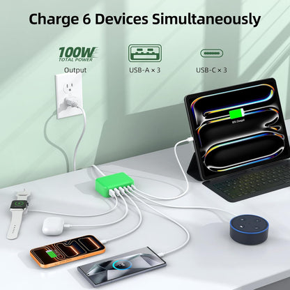 100W 6 in 1 USB Charger, 50% Smaller Charging Station for Multiple Devices