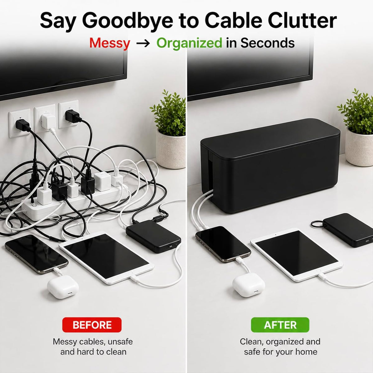 [Set of 3] 3 Cable Management Boxes + 3 Wire Ties, Large Cord Box Organizers to Hold and Hide Power Strip Charger Adapter Power Cord Charging Station USB HUB (Black)