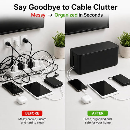 [Set of 3] 3 Cable Management Boxes + 3 Wire Ties, Large Cord Box Organizers to Hold and Hide Power Strip Charger Adapter Power Cord Charging Station USB HUB (Black)