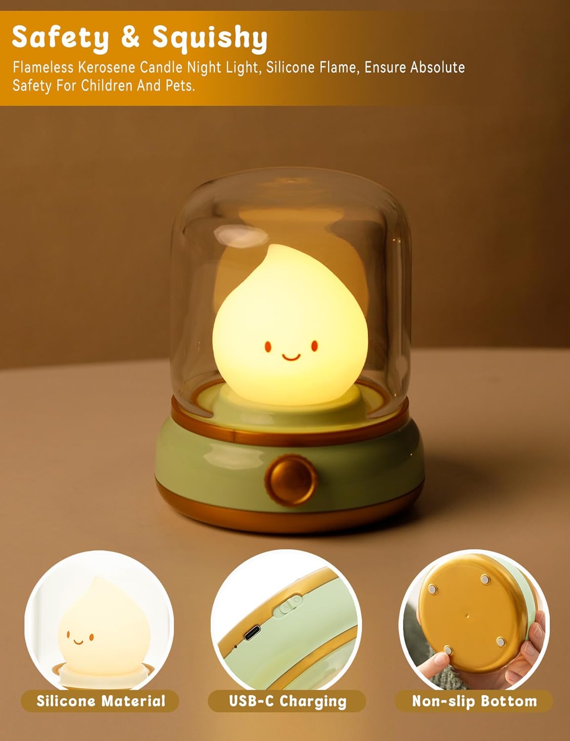 WANIDEA Flameless Candles Lamp, Led Candles,Cute Kerosene Lamp,Silicone Flame Amber Light,Adjustable Dimmable Rechargeable Night Light for Kids,Girls,Teenager Kids Bedroom Christmas