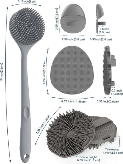 Manmihealth Silicone Back Scrubber & Soft Bath Glove Set 4 PCS(Thick Bristles), Super-Exfoliating Body Scrubber & Super-Lathering Shower Brush Combination, with 2 Adhesive Hooks (Black)