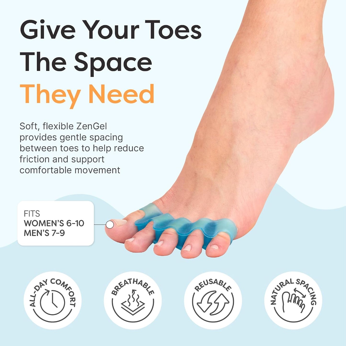 ZenToes Silicone Toe Spacers and Separators for Correct Toe Alignment, Bunion Relief, Hammertoe Straightener, Gel Orthopedic Corrector – 1 Pair (Black)