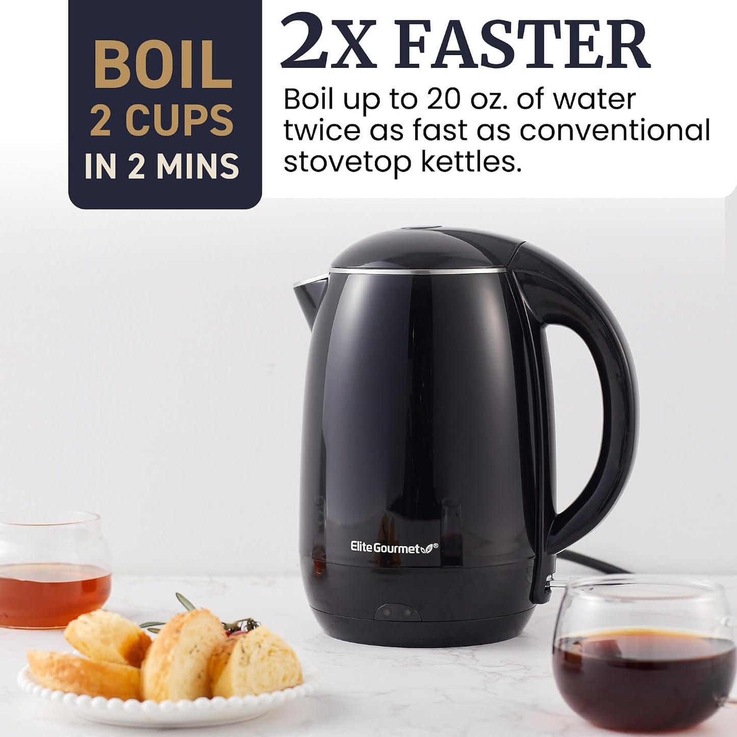 Elite Gourmet 1L Glass Electric Water Kettle, BPA-Free, Fast Boil, Auto Shut-Off, Boil-dry Protection, 360° Swivel Base with Cordless Serving, Clear-view Water Level Markings, Mint