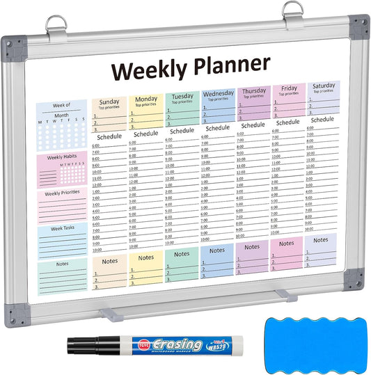 Weekly Hourly Planner Dry Erase Whiteboard with Silver Aluminium Frame for Wall -12" x 16"Hanging Removable Daily Weekly Weekly Planner and Hourly Schedule Checklist (16" x 12")