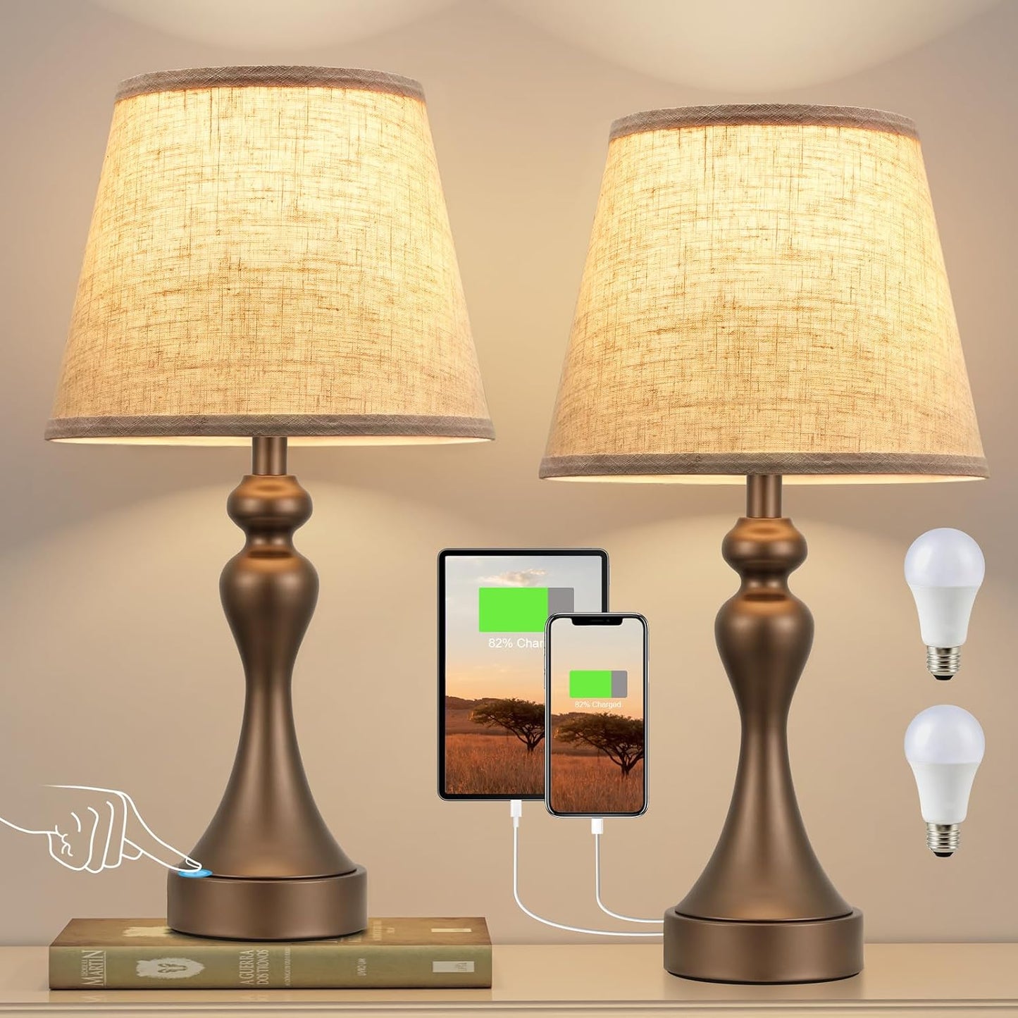 Seealle Touch Lamps for Nightstand - Bedside Lamps Set of 2, 3 Way Dimmable, USB C+A for Bedroom & End Tables (LED Bulbs Included)