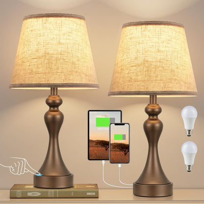 Seealle Touch Lamps for Nightstand - Bedside Lamps Set of 2, 3 Way Dimmable, USB C+A for Bedroom & End Tables (LED Bulbs Included)